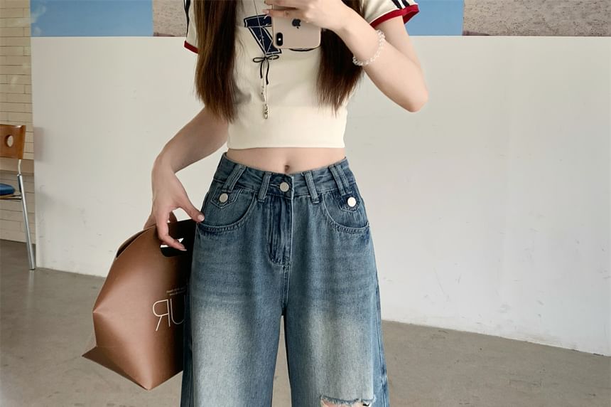 Waist Wide Washed Mid Leg Ripped Jeans