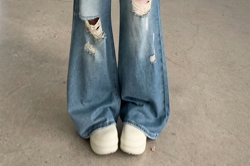 Waist Wide Washed Mid Leg Ripped Jeans