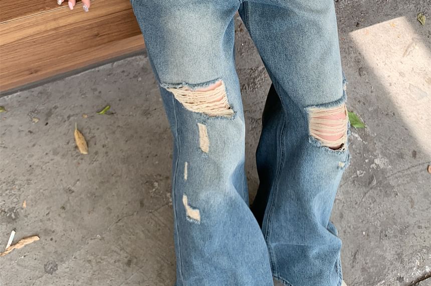 Waist Wide Washed Mid Leg Ripped Jeans