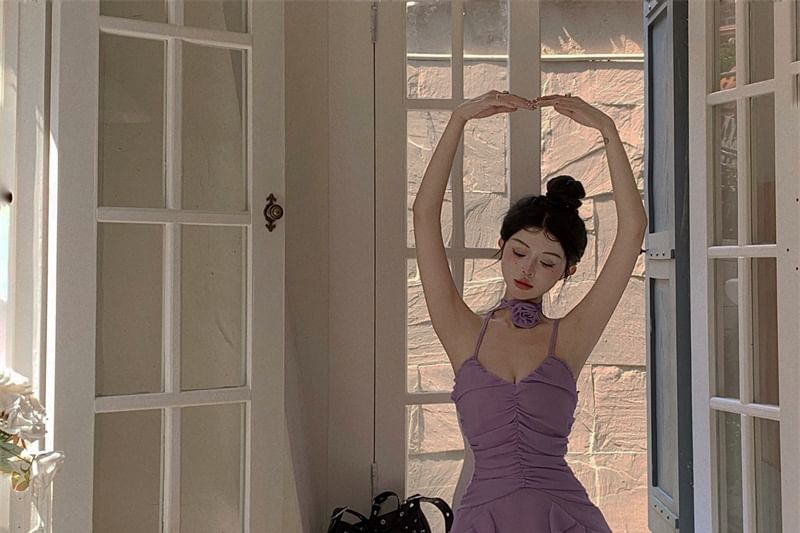 Spaghetti Strap Dress Plain Mini A-Line Ruffle Ruched