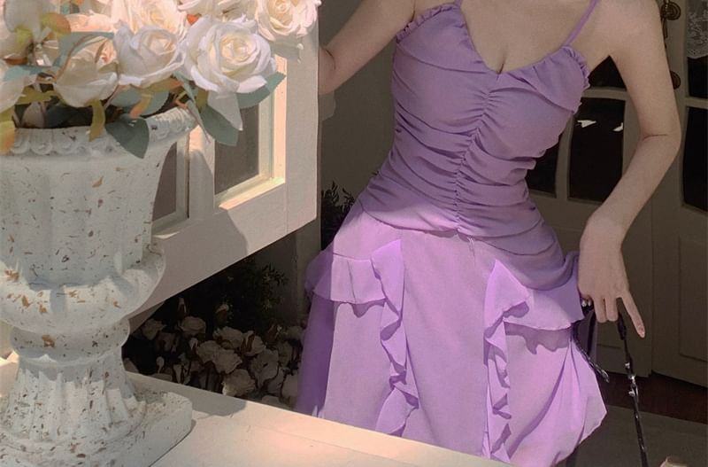 Spaghetti Strap Dress Plain Mini A-Line Ruffle Ruched