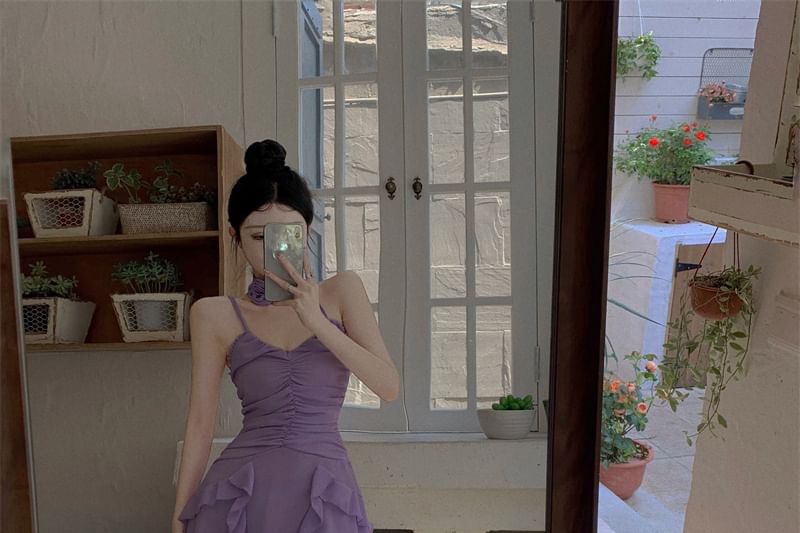 Spaghetti Strap Dress Plain Mini A-Line Ruffle Ruched