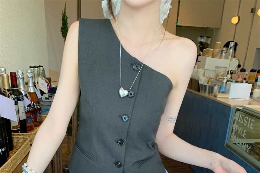 A-Line Balloon Drawstring Sleeveless One Shoulder Skirt Plain Waist / Top Button Mini