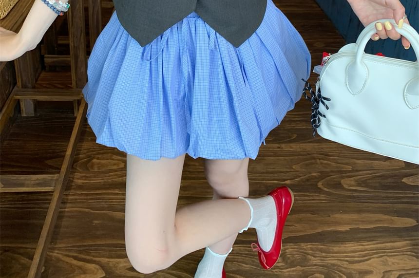 A-Line Balloon Drawstring Sleeveless One Shoulder Skirt Plain Waist / Top Button Mini