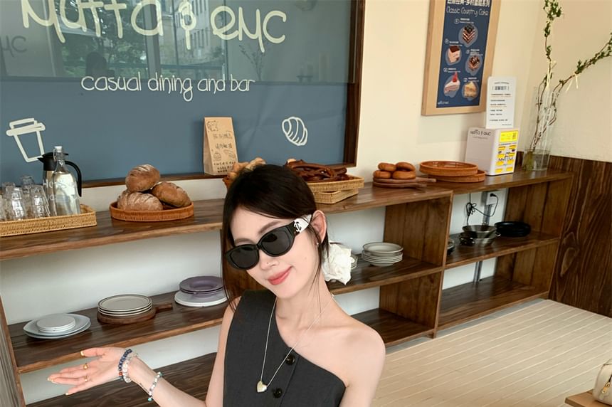 A-Line Balloon Drawstring Sleeveless One Shoulder Skirt Plain Waist / Top Button Mini