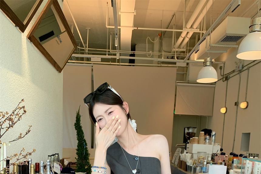 A-Line Balloon Drawstring Sleeveless One Shoulder Skirt Plain Waist / Top Button Mini