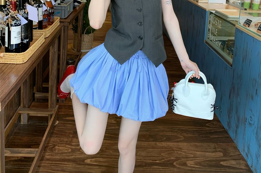 A-Line Balloon Drawstring Sleeveless One Shoulder Skirt Plain Waist / Top Button Mini