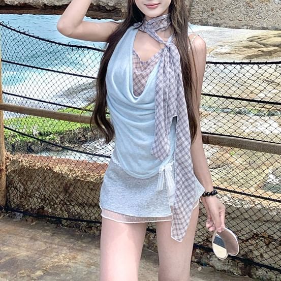 Plaid Two Mock Neck Sleeveless Top Cowl Piece