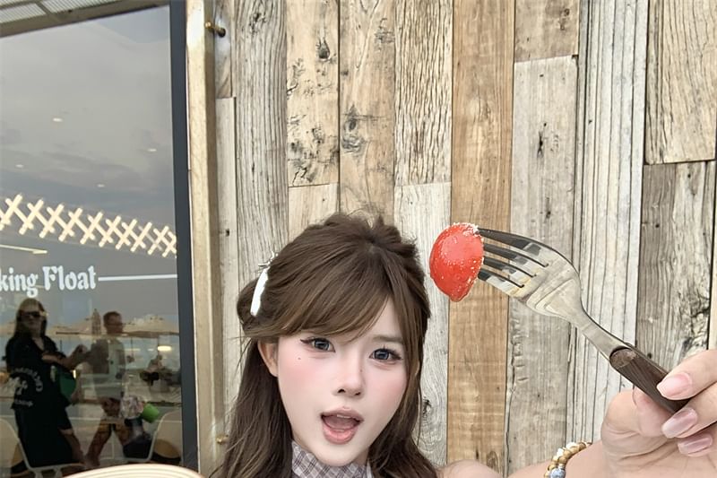 Plaid Two Mock Neck Sleeveless Top Cowl Piece