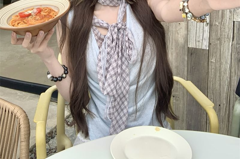 Plaid Two Mock Neck Sleeveless Top Cowl Piece