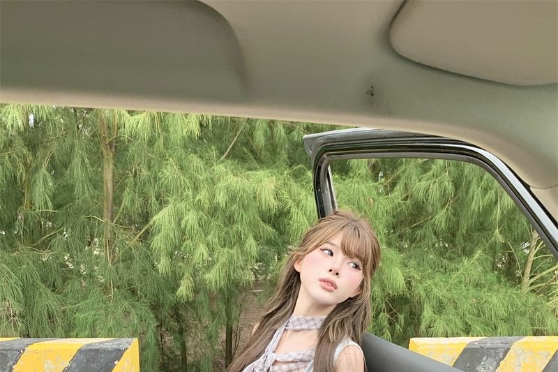 Plaid Two Mock Neck Sleeveless Top Cowl Piece