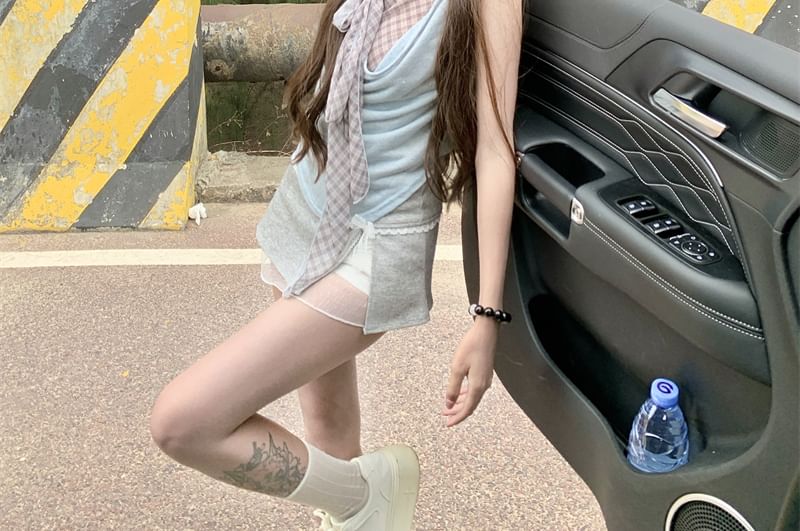 Plaid Two Mock Neck Sleeveless Top Cowl Piece