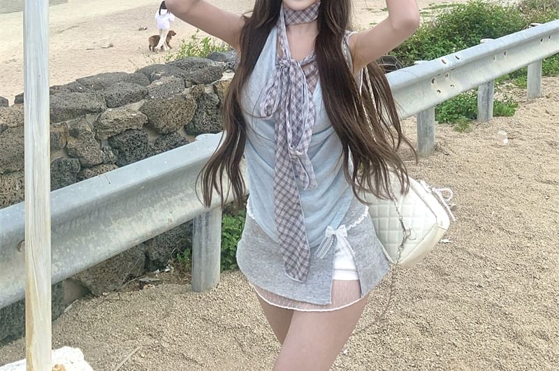 Plaid Two Mock Neck Sleeveless Top Cowl Piece