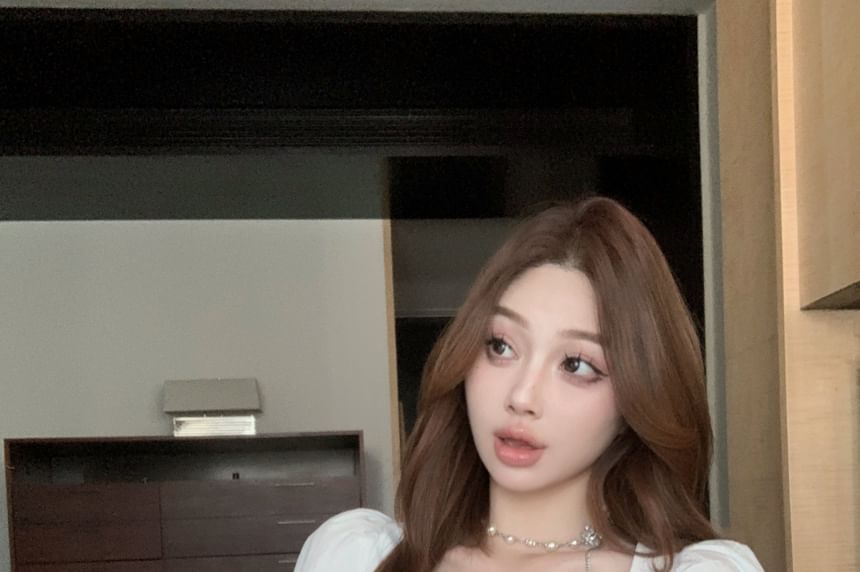 Bow A-Line Plain / High Maxi Scoop Frill Sleeveless Skirt Crop Rise Neck Blouse