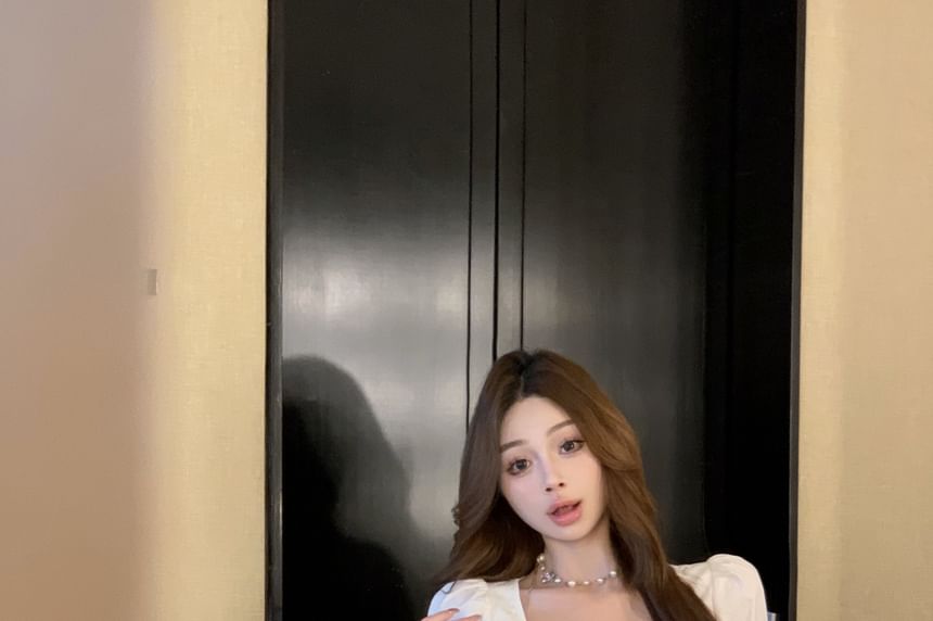 Bow A-Line Plain / High Maxi Scoop Frill Sleeveless Skirt Crop Rise Neck Blouse