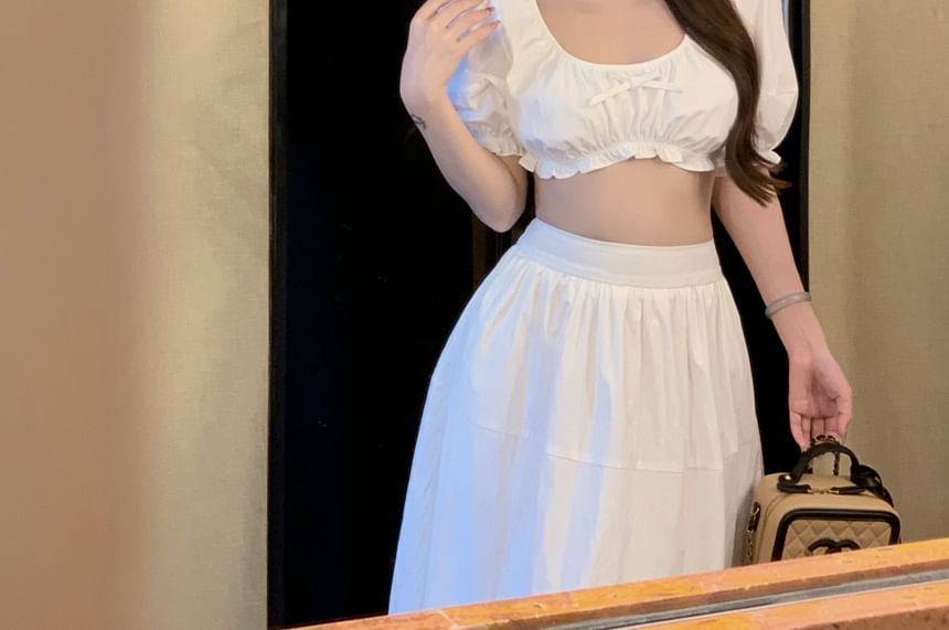 Bow A-Line Plain / High Maxi Scoop Frill Sleeveless Skirt Crop Rise Neck Blouse