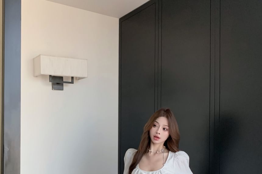 Bow A-Line Plain / High Maxi Scoop Frill Sleeveless Skirt Crop Rise Neck Blouse