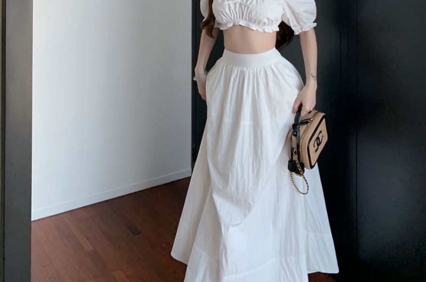 Bow A-Line Plain / High Maxi Scoop Frill Sleeveless Skirt Crop Rise Neck Blouse