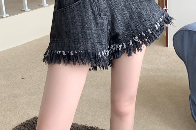 Fringe Waist Shorts High Washed Denim