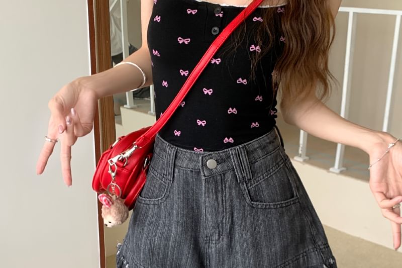 Fringe Waist Shorts High Washed Denim