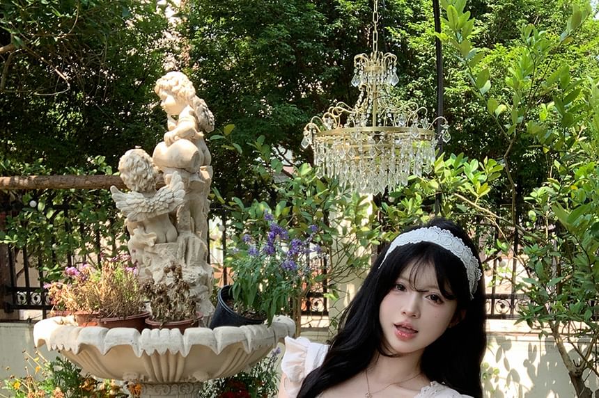 Blouse Plain Panel Neck Ruffle Square Lace Sleeveless Bow