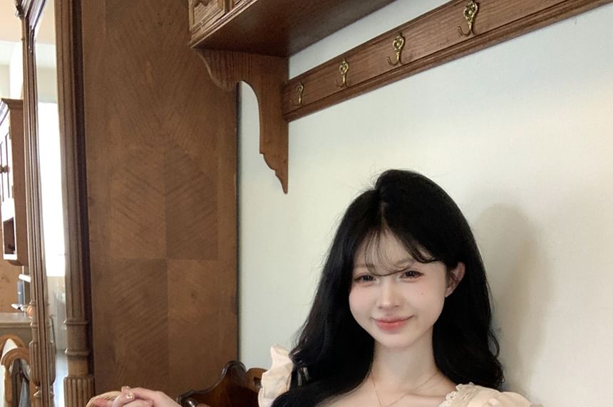 Blouse Plain Panel Neck Ruffle Square Lace Sleeveless Bow