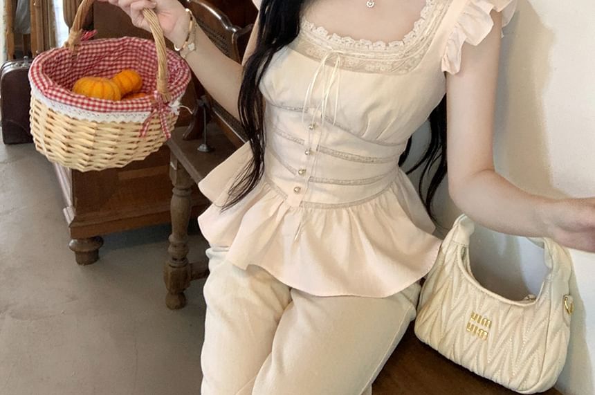 Blouse Plain Panel Neck Ruffle Square Lace Sleeveless Bow