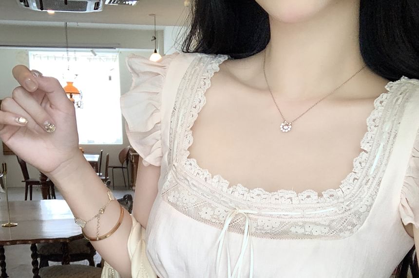 Blouse Plain Panel Neck Ruffle Square Lace Sleeveless Bow