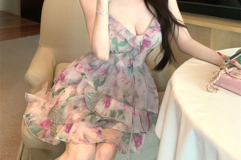 Print Dress Ruffle V-Neck Floral A-Line Mini Sleeveless