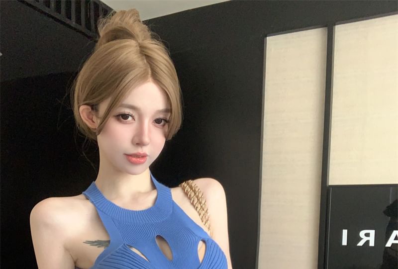 Plain Slit Knit Cutout Top Halter Ribbed