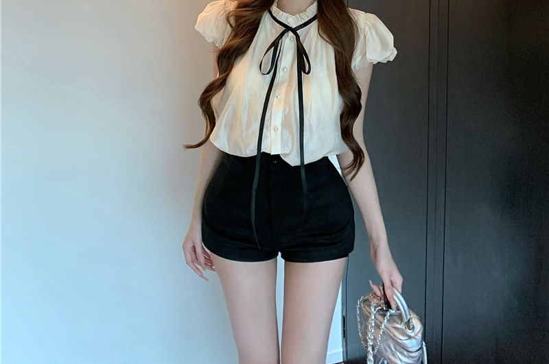 Blouse Plain High Collar Stand Bow Waist Cap Sleeve Frill / Shorts