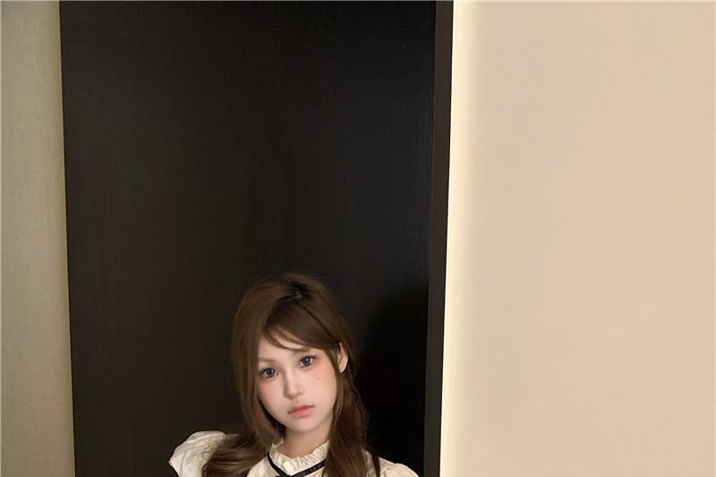 Blouse Plain High Collar Stand Bow Waist Cap Sleeve Frill / Shorts