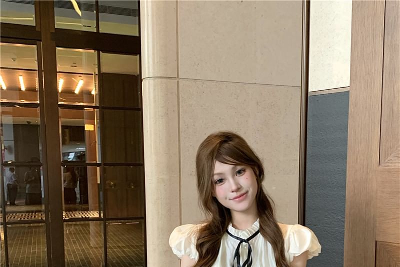 Blouse Plain High Collar Stand Bow Waist Cap Sleeve Frill / Shorts