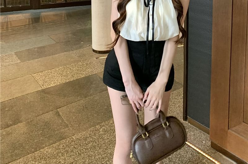Blouse Plain High Collar Stand Bow Waist Cap Sleeve Frill / Shorts