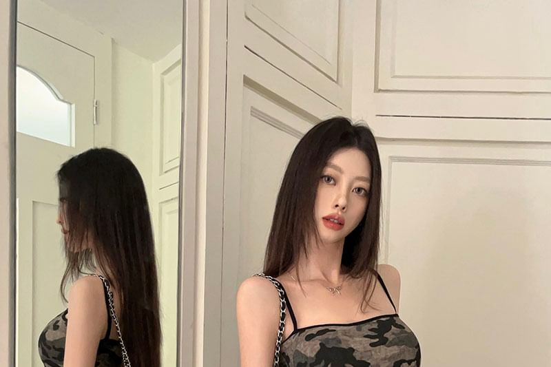 Strap Camouflage Dress Spaghetti Mini Sheath