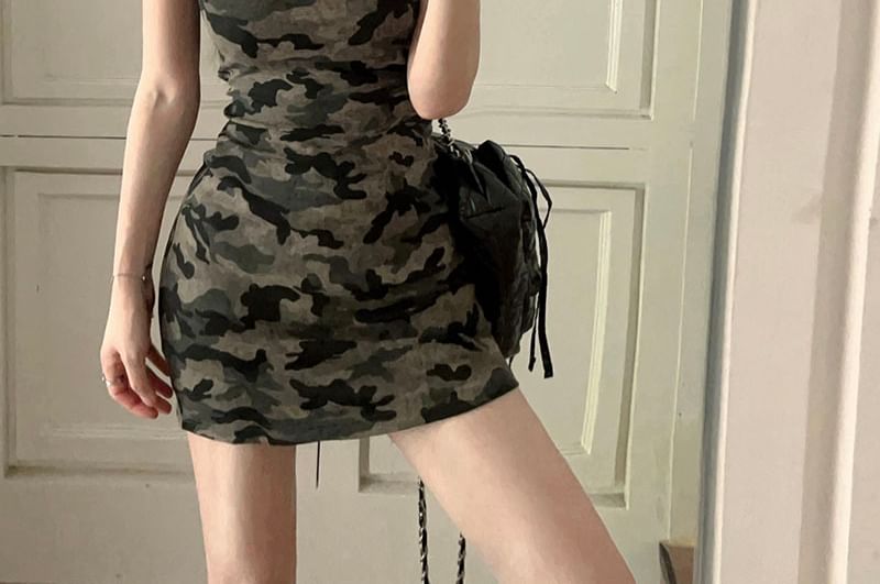 Strap Camouflage Dress Spaghetti Mini Sheath