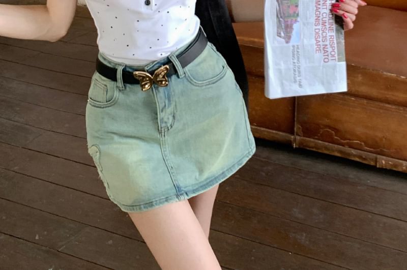 Denim Skirt Rise Applique High Washed Mini A-Line Butterfly