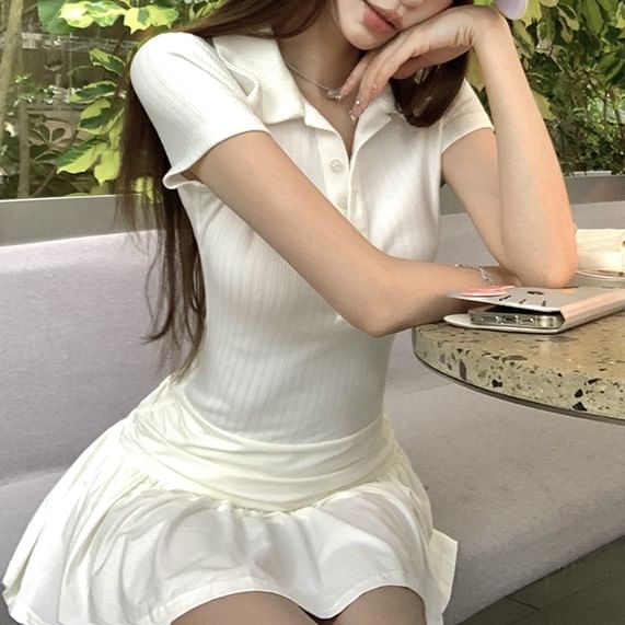 Dress Ruched Polo A-Line Sleeve Mini Short Plain