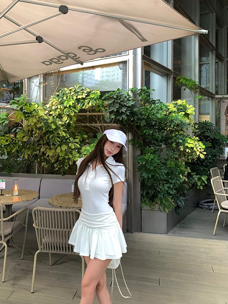 Dress Ruched Polo A-Line Sleeve Mini Short Plain