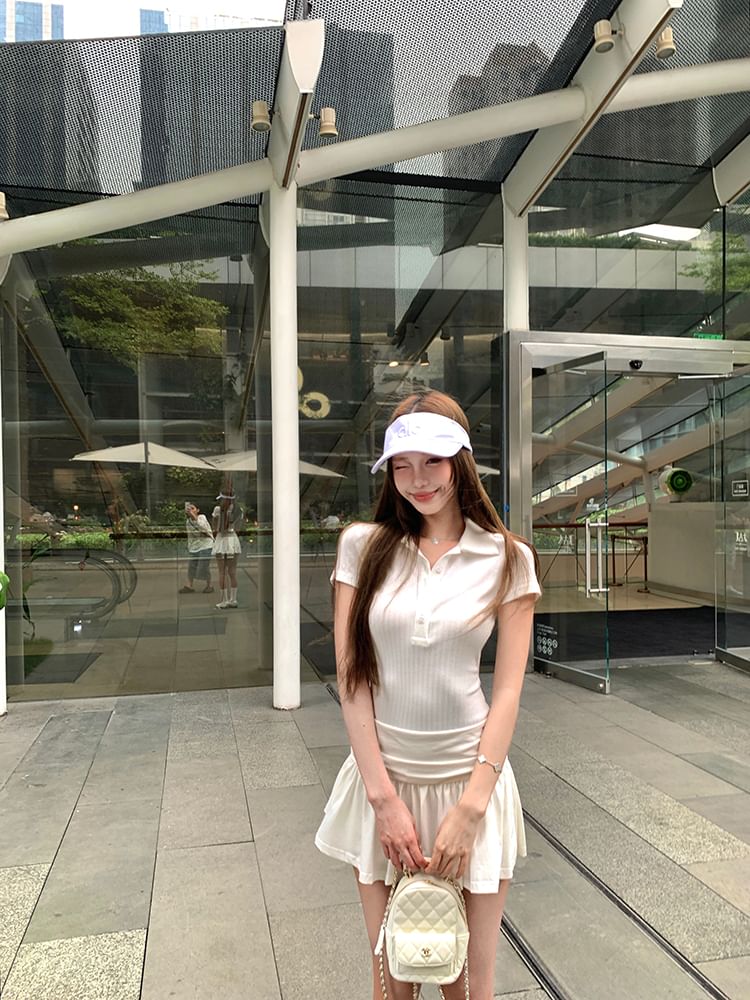 Dress Ruched Polo A-Line Sleeve Mini Short Plain