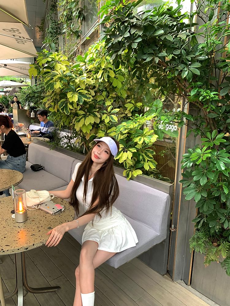 Dress Ruched Polo A-Line Sleeve Mini Short Plain