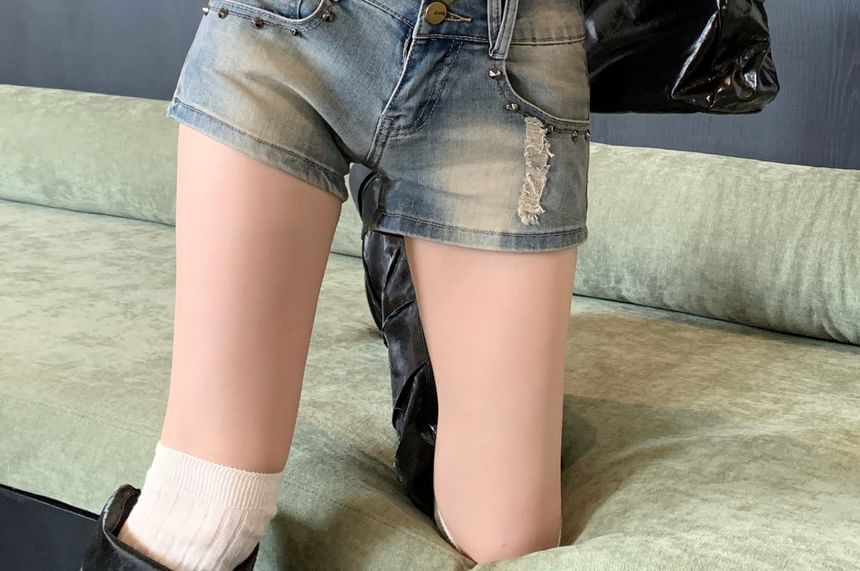 Rise Denim Shorts Mid Distressed Studded Washed