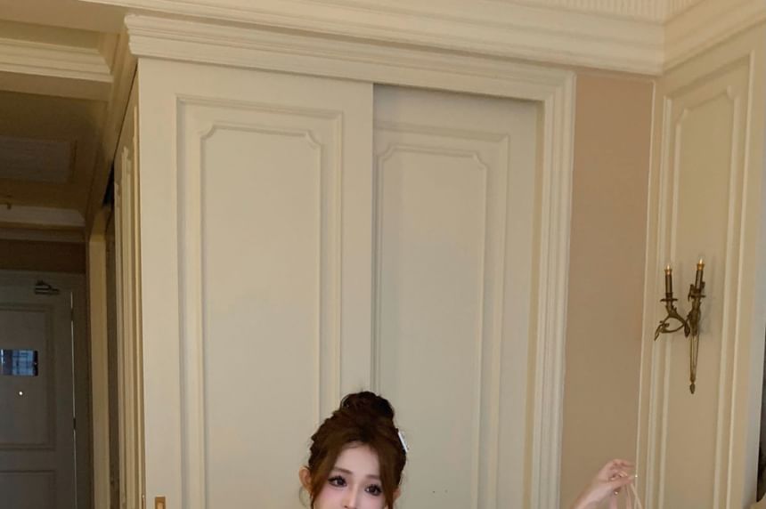 Bow Cap Skirt Blouse Lace Trim / Square Plain Mini Sleeve High Ruffle Neck A-Line Waist