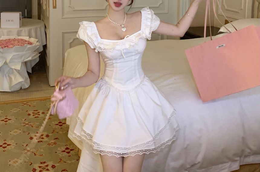 Bow Cap Skirt Blouse Lace Trim / Square Plain Mini Sleeve High Ruffle Neck A-Line Waist