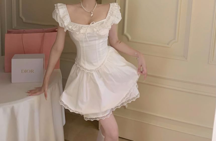 Bow Cap Skirt Blouse Lace Trim / Square Plain Mini Sleeve High Ruffle Neck A-Line Waist