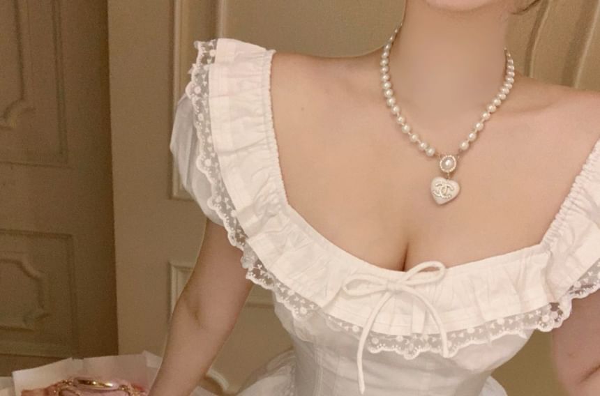 Bow Cap Skirt Blouse Lace Trim / Square Plain Mini Sleeve High Ruffle Neck A-Line Waist