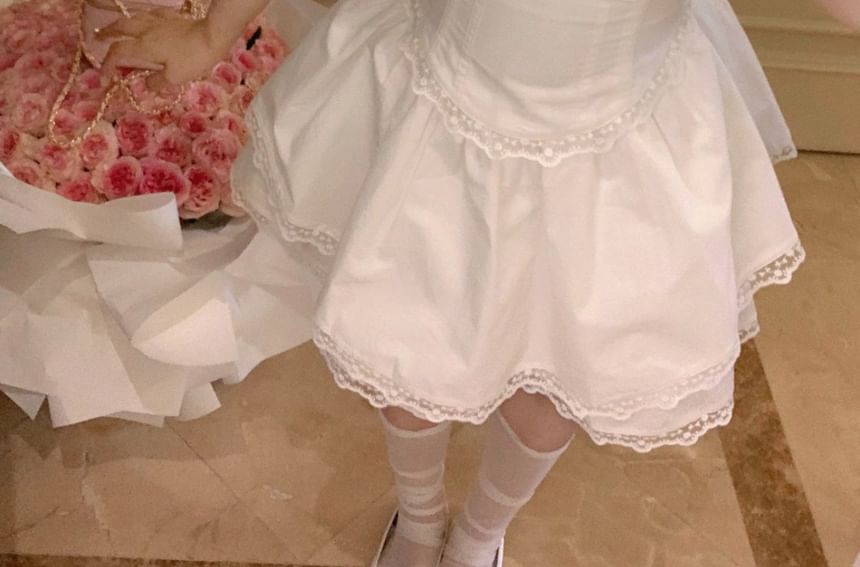 Bow Cap Skirt Blouse Lace Trim / Square Plain Mini Sleeve High Ruffle Neck A-Line Waist