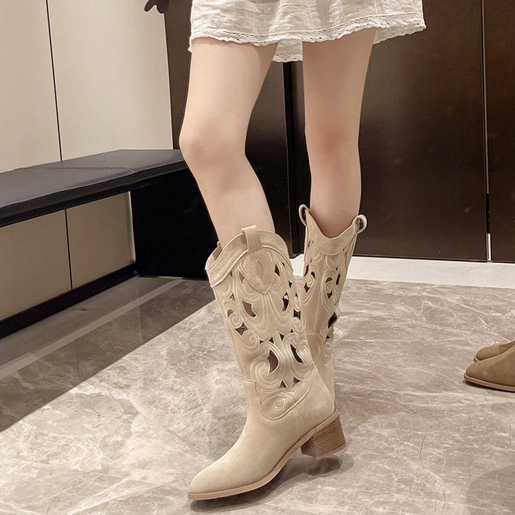 Mid-Calf Embroidered Boots Cutout Heel Chunky