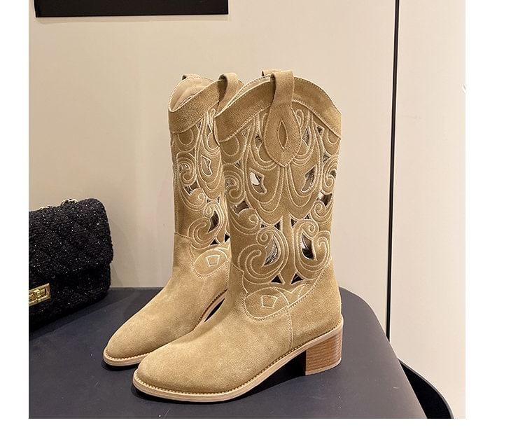Mid-Calf Embroidered Boots Cutout Heel Chunky
