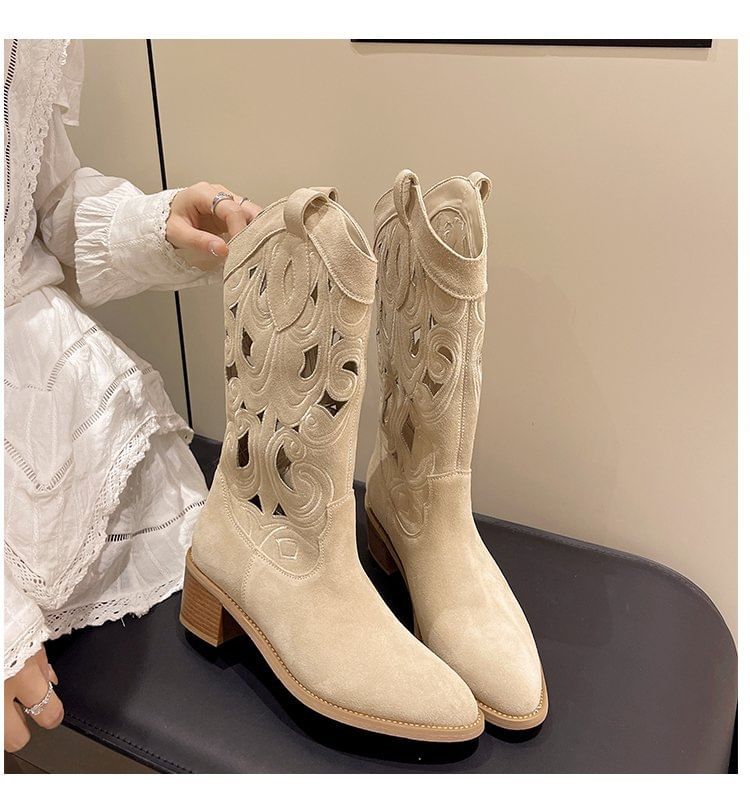 Mid-Calf Embroidered Boots Cutout Heel Chunky